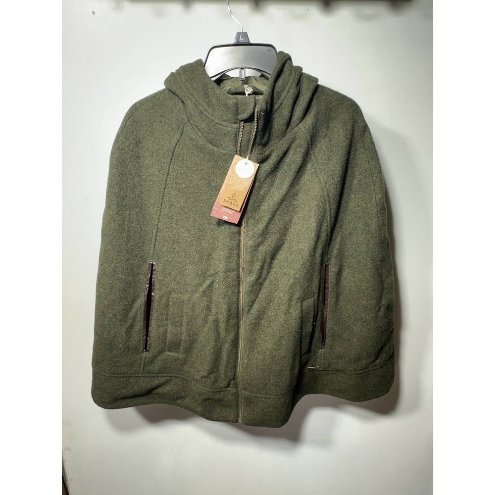 Prana Whitney Hoodied Cape Women's S/M Dark Green Heavy Wool Capelet Jacket NWT